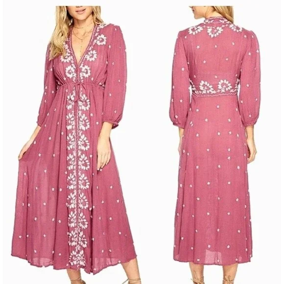 Free People Embroidered Fable Midi Dress Raspberry Pink Mauve Festival Sz Small - Picture 1 of 9